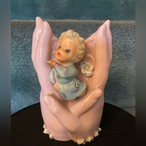 Vintage Hand Vase with child figure. Ceramic. 5 1/2” tall. Retro Kitsch!